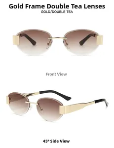Front and side view of rimless metal sunglasses with gold frames and brown gradient lenses