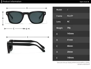 Detailed size chart and dimensions guide for stylish square frame sunglasses
