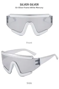 Front and side views of silver mirrored futuristic oversized shield sunglasses