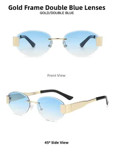 Detail of rimless sunglasses featuring blue gradient lenses and gold metal temples