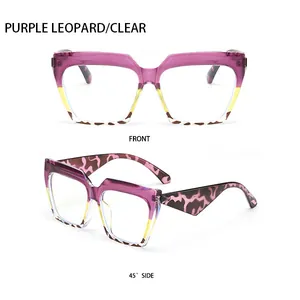 Front and 45-degree side views of purple leopard cat-eye glasses with gradient frame