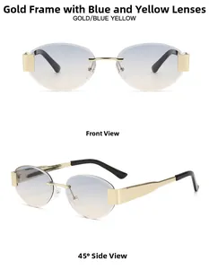 Front and 45-degree side view of rimless metal sunglasses with blue-yellow gradient lenses