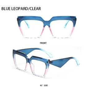 Front and 45-degree side views of blue leopard gradient cat-eye sunglasses frames