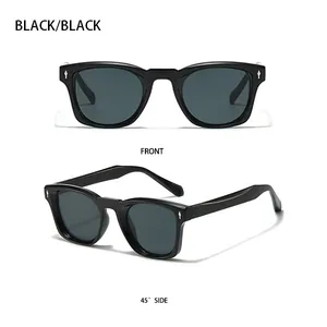 Front and side view of square black sunglasses with silver arrow rivets and thick frames