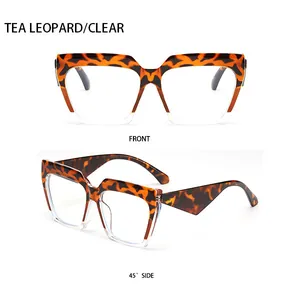Detailed front and side view of cat eye sunglasses in tea leopard and clear frame