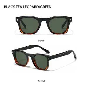 Front and side view of square frame sunglasses in black tea leopard with green lenses