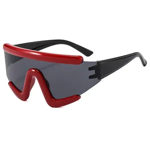 Futuristic large frame oversized windproof cycling sunglasses with bold red top bar