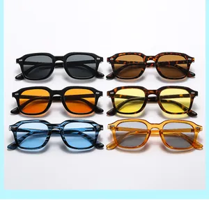 Detailed grid of retro square sunglasses featuring six diverse color frames and lenses