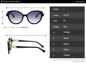 Detailed size chart for round metal sunglasses featuring alloy frame and PC lens dimensions