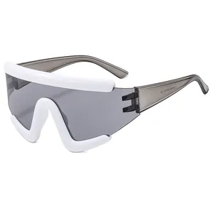 Oversized white frame windproof sports sunglasses with smoke gray lenses for outdoor cycling
