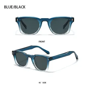 Detailed front and side view of blue translucent square frame sunglasses with dark lenses