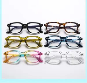 Detailed flat lay of square fashion eyewear frames in six assorted colors and textures