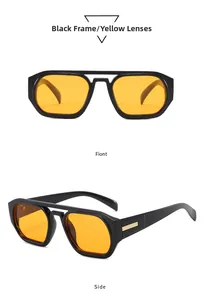Retro-Pilotensonnenbrille mit schwarzem Rahmen und gelben Gläsern, Front- und Seitenansicht