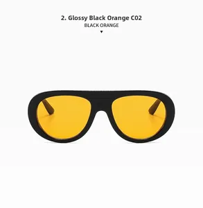 Detail view of bright black wide-frame sunglasses with vibrant orange lenses, model C02