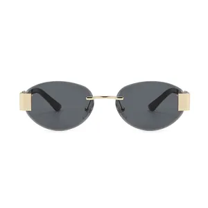 Modern rimless oval sunglasses with gold metal accents and dark lenses for men and women