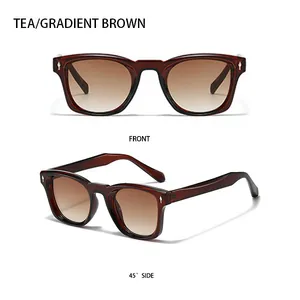 Detailed view of square frame tea gradient brown sunglasses with bold side temples