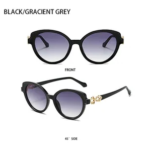 Detailed front and side views of black cat-eye sunglasses with gold metal knot temples