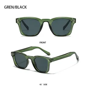 Detailed front and 45-degree side view of dark green square oversized sunglasses