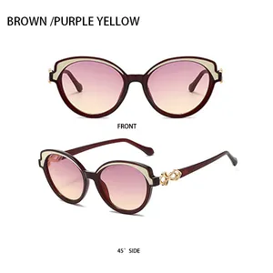 Front and side view of brown cat-eye sunglasses with purple yellow gradient lenses