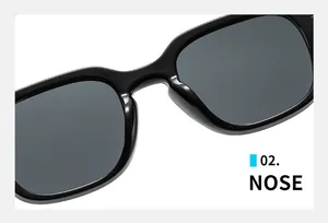 Detail of integrated thickened nose bridge on square black fashion sunglasses for men