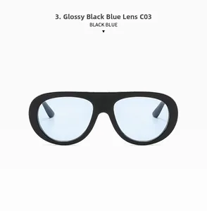 Detail shot of retro pilot sunglasses with bright black frames and blue tinted lenses
