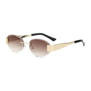 Frameless rimless metal sunglasses with gradient brown lenses and golden temple detail