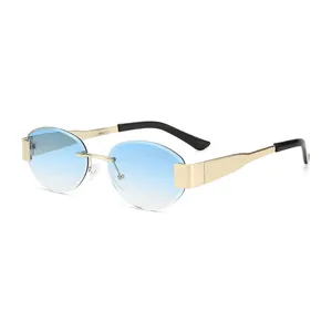 Frameless metal sunglasses with blue gradient lenses and gold frames in 45-degree view