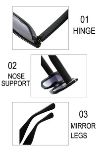 Detailed views of gold-tone hinges, integrated nose pads, and sleek black sunglasses legs