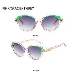 Pink resin round sunglasses with green accents and gradient lenses in multiple views