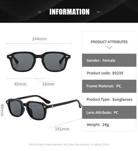 Detailed technical drawing of PC frame sunglasses with dimensions and specifications