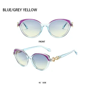 Detail view of round sunglasses with light blue frames and gold hinge accents