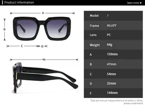 Detailed size chart for square metal sunglasses with dimensions in millimeters