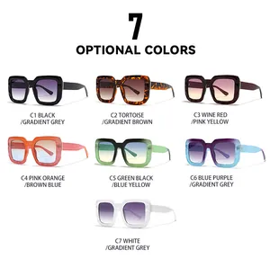 Grid view of square retro sunglasses in seven assorted frame and gradient lens colors