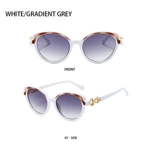 Detail of round sunglasses with white frames, gradient grey lenses, and gold metal accents