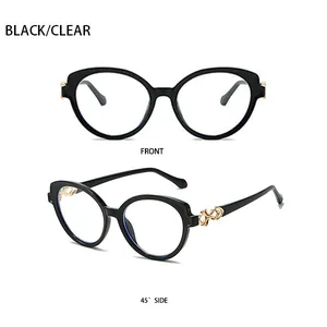 Front and side view of black cat-eye glasses frames with gold metal wave accents