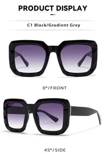 Front and 45-degree side views of black square sunglasses with gradient grey lenses