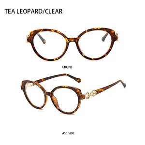 Front and 45-degree views of leopard print round sunglasses with gold metal knot hinges