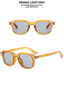 Detailed views of square sunglasses with transparent orange frame and light gray lenses