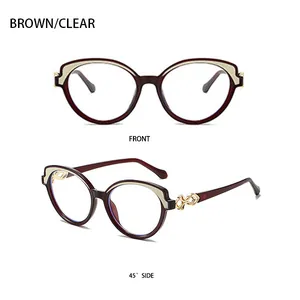 Front and side view of brown round sunglasses with gold metal hollow hinge detail