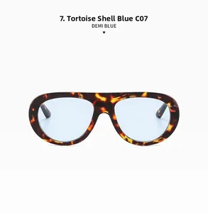 Detail of tortoise shell frames with light blue lenses and bridge structure of sunglasses