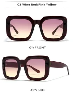 Detail view of wine red square sunglasses with pink-yellow gradient lenses and side profile