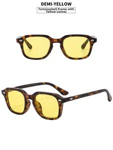 Detail view of retro tortoiseshell square sunglasses featuring vibrant yellow transparent lenses