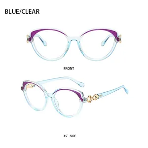 Detailed views of light blue cat-eye glasses frame with gold infinity hinge detail