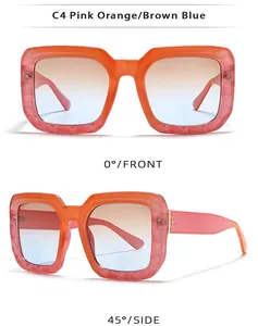 Detailed views of pink orange square sunglasses with brown-blue gradient lenses