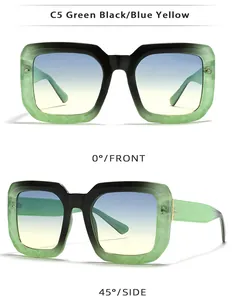 Macro view of C5 green marble square sunglasses with blue to yellow gradient lenses