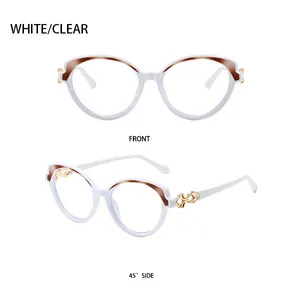 Detailed views of round white clear sunglasses with golden filigree on the temples