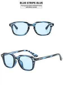 Detail view of transparent blue striped square sunglasses frame and blue tinted lenses