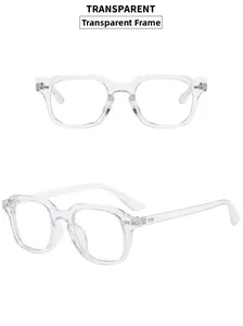 Detail of square transparent sunglasses with metal hinge accents and clear frame