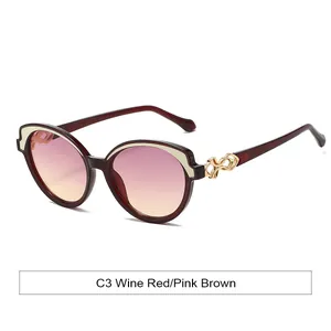 Fashionable round sunglasses in wine red with pink brown gradient lenses for women