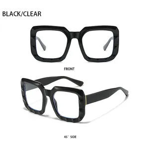 Macro view of black geometric frame glasses with front and 45-degree side details